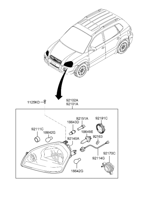 2006 Hyundai Tucson Driver Side Headlight Assembly Composite Diagram for 92101-2E050
