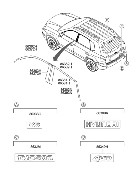 2009 Hyundai Tucson Tape-Front Door Black Frame Rear LH Diagram for 86363-2E001