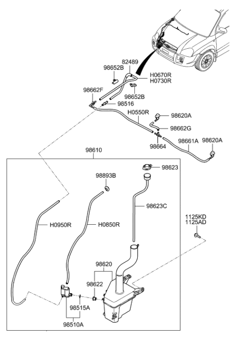 2009 Hyundai Tucson Windshield Washer Motor & Pump Assembly Diagram for 98510-2C100