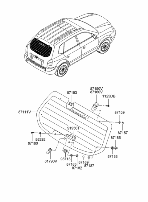 2007 Hyundai Tucson Rear Window Glass & Moulding Diagram