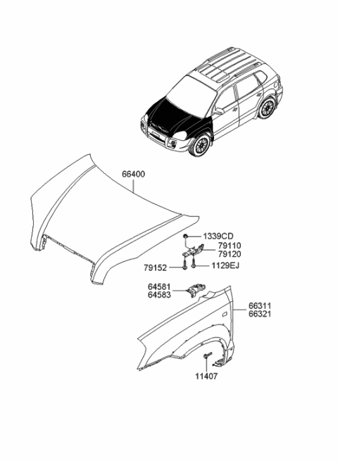 2007 Hyundai Tucson Fender & Hood Panel Diagram