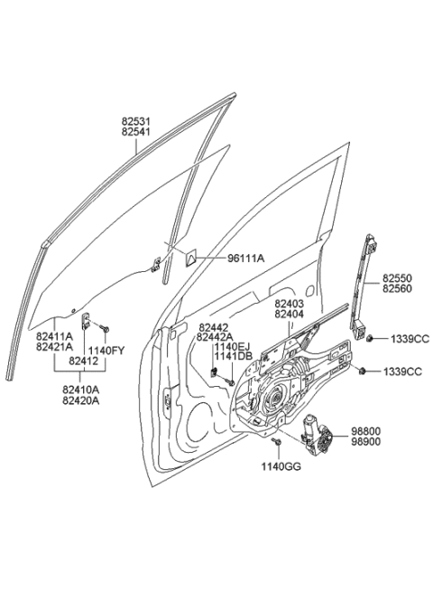2009 Hyundai Tucson Old Body Style Front Door Window Regulator & Glass Diagram