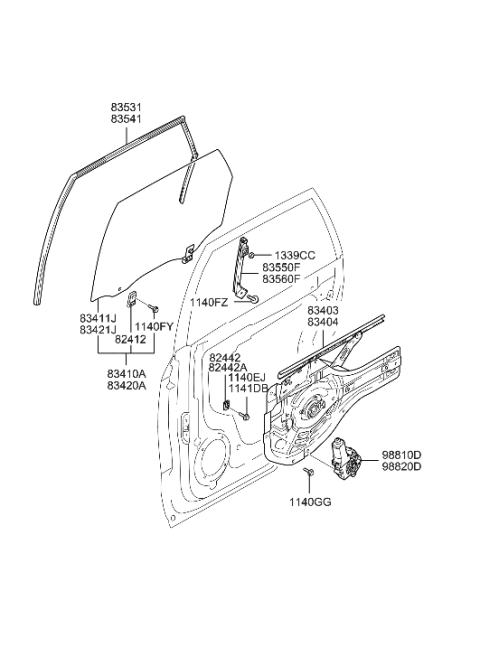 2009 Hyundai Tucson Old Body Style Rear Door Window Reg & Glass Diagram