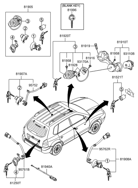 2006 Hyundai Tucson Produced After OCT.31.2006 Key & Cylinder Set Diagram