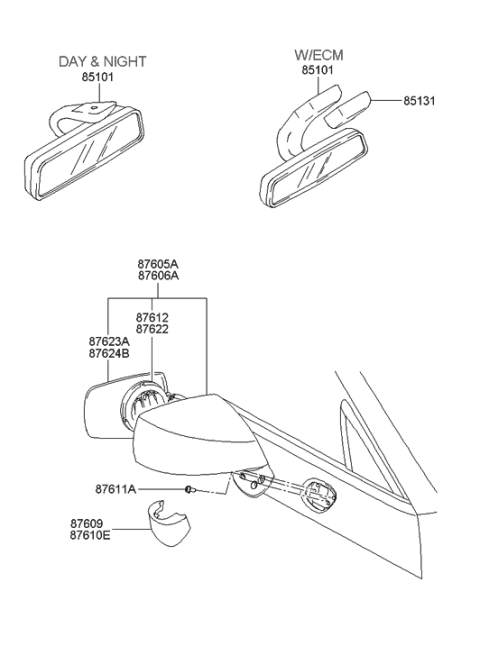 2007 Hyundai Tiburon Mirror-Outside Rear View Diagram