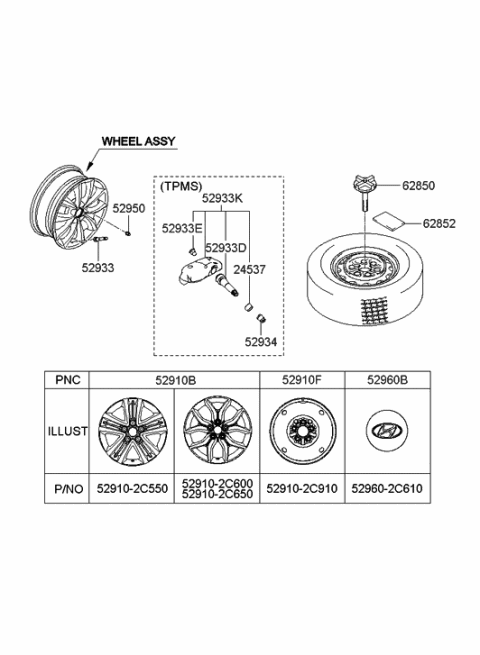 2006 Hyundai Tiburon Aluminium Wheel Hub Cap Assembly Diagram for 52960-2C610