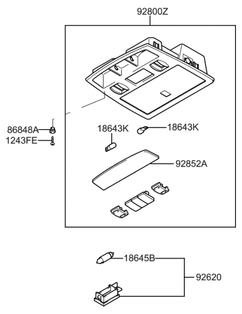 2019 Hyundai Santa Fe Overhead Console Lamp Assembly Diagram for 92800-2C500-X6
