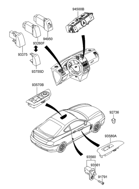 2008 Hyundai Tiburon Power Window Main Switch Assembly Diagram for 93570-2C140-KH