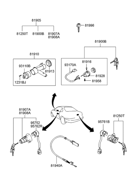 2007 Hyundai Tiburon Front Door Lock Assembly,Left Diagram for 81970-2CA10