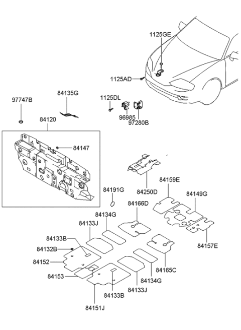 2006 Hyundai Tiburon New Body Style Isolation Pad & Floor Covering Diagram