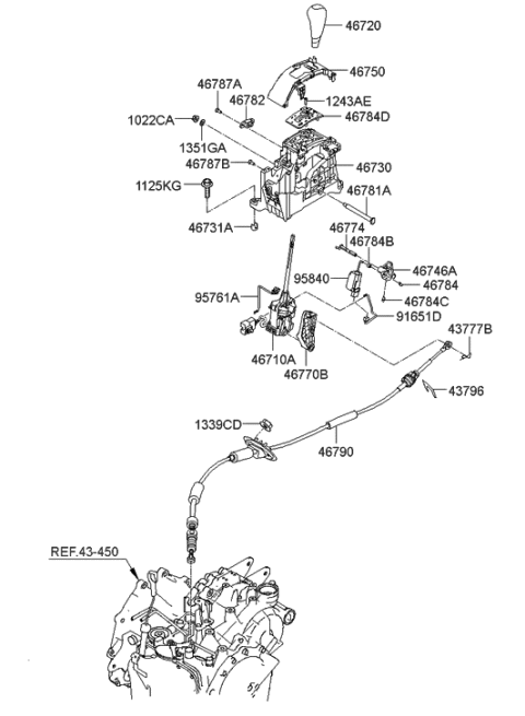 2020 Hyundai Sonata Automatic Transmission Lever Cable Assembly Diagram for 46790-2B000