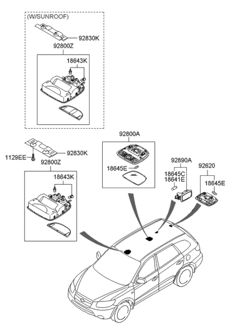 2020 Hyundai Sonata Overhead Console Lamp Assembly Diagram for 92800-2B000-J4