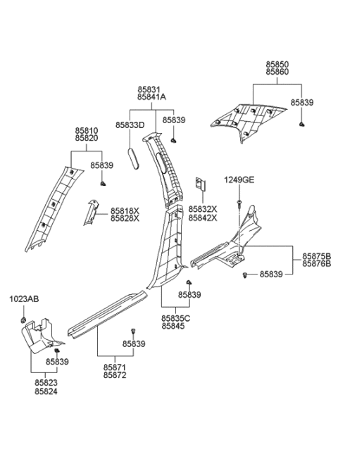 2001 Hyundai Sonata Trim Assembly-Center Pillar Upper RH Diagram for 85840-3D200-OI