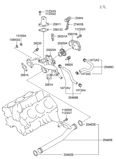 2001 Hyundai Sonata Pipe & O-Ring Assembly-Water Inlet Diagram for 25460-37100