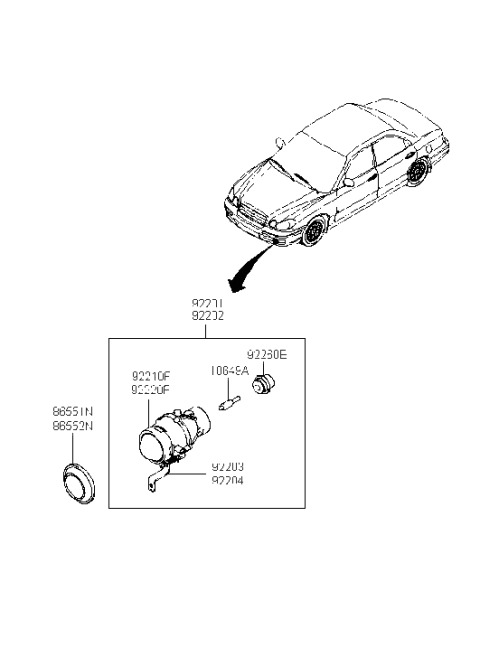2002 Hyundai Sonata Front Driver Side Fog Light Assembly Diagram for 92201-3D000