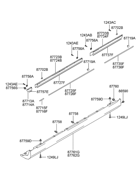 1994 Hyundai Excel Clip-Waist Line Moulding Mounting Diagram for 87756-38000