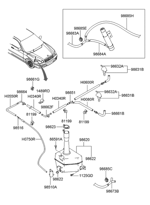 2002 Hyundai Sonata Windsheild Washer Nozzle Assembly Diagram for 98630-3D000