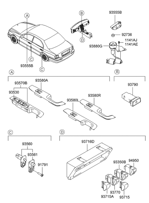 1992 Hyundai Excel Switch Assembly-Trunk Lid & Fuel Filler D Diagram for 93555-3D010-TI