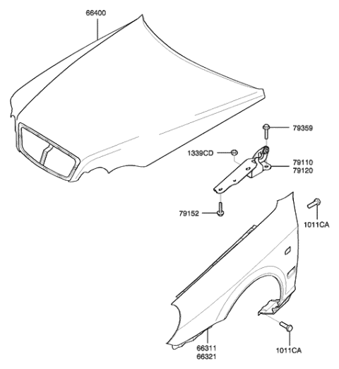 2005 Hyundai Sonata Old Body Style Fender & Hood Panel Diagram