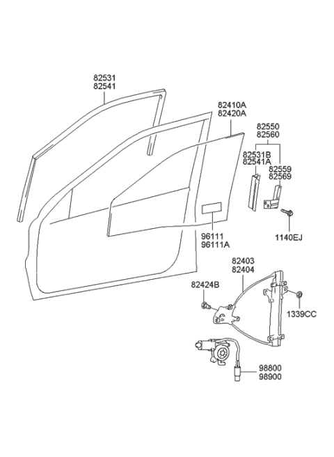 2001 Hyundai Sonata New Body Style Front Door Window Regulator & Glass Diagram
