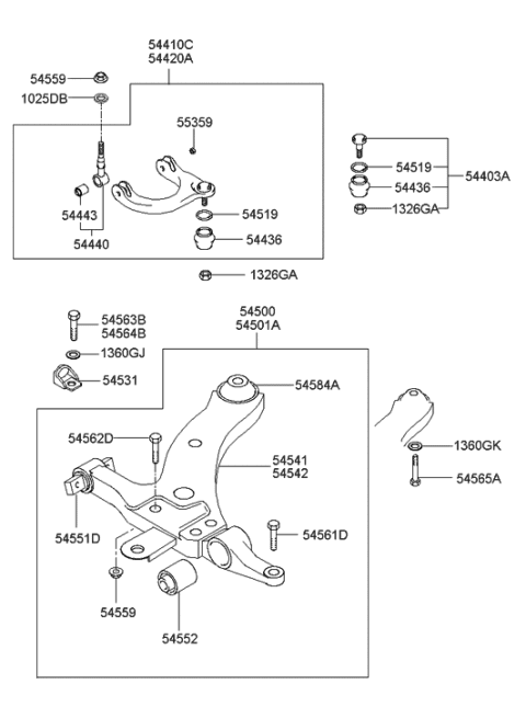 2005 Hyundai Sonata Old Body Style Front Suspension Lower & Upper Arm Diagram