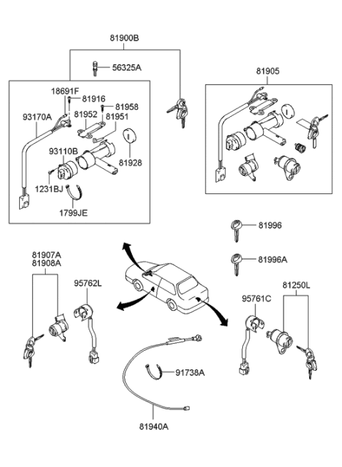 2005 Hyundai Sonata Old Body Style Key & Cylinder Set Diagram