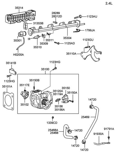 2005 Hyundai Sonata Old Body Style Throttle Body & Injector Diagram 1