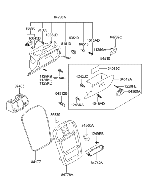 1992 Hyundai Excel Glove Box Assembly Diagram for 84510-38502-LK