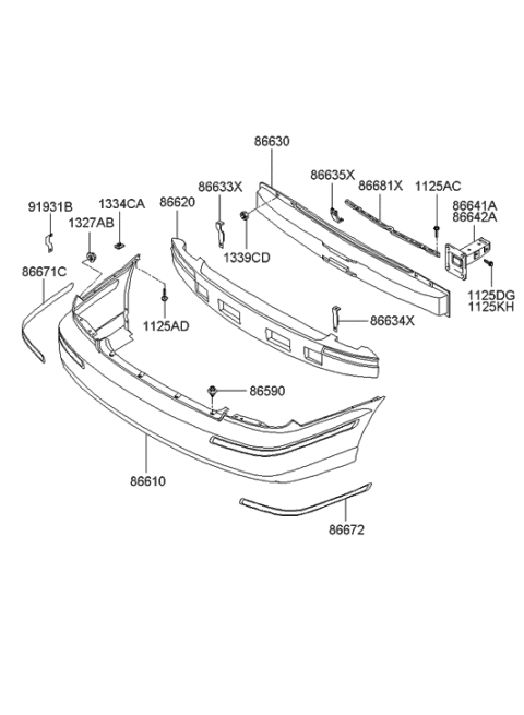 2004 Hyundai Sonata Rear Bumper Cover Assembly Diagram for 86610-3D000