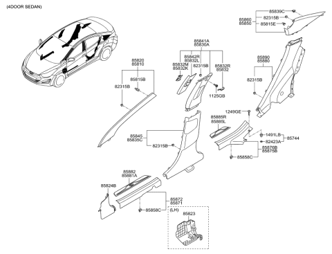 2014 Hyundai Elantra Trim Assembly-Center Pillar Upper RH Diagram for 85840-3X050-VYF