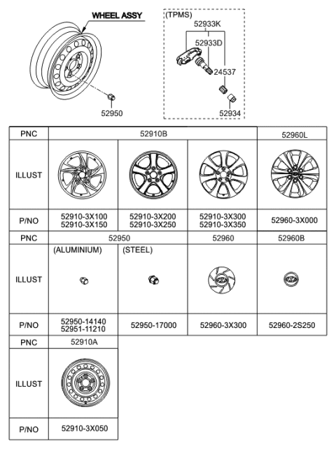 2014 Hyundai Elantra Korean made Wheel & Cap Diagram