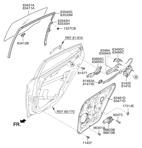 2015 Hyundai Elantra Korean made Rear Door Window Regulator & Glass Diagram