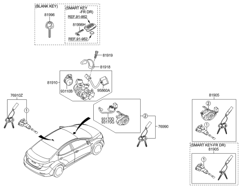1996 Hyundai Accent Lock Key & Cylinder Set Diagram for 81905-3XAA0