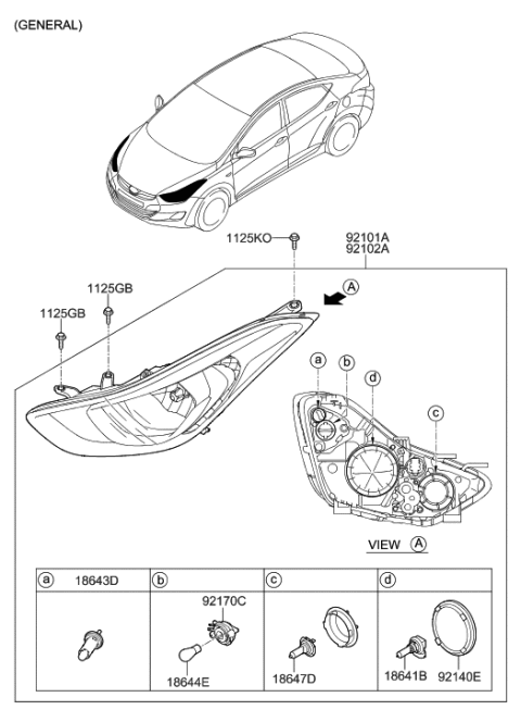 2014 Hyundai Elantra Driver Side Headlight Assembly Diagram for 92101-3X450