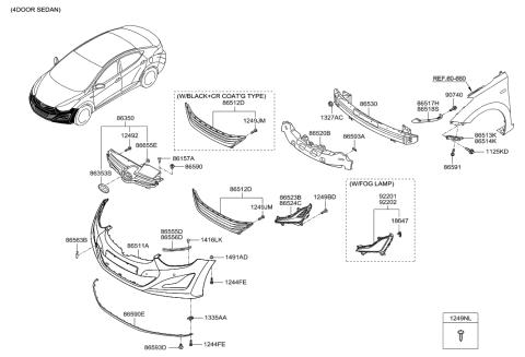 1996 Hyundai Accent Front Bumper Lower Lip Assembly Diagram for 86590-3X700