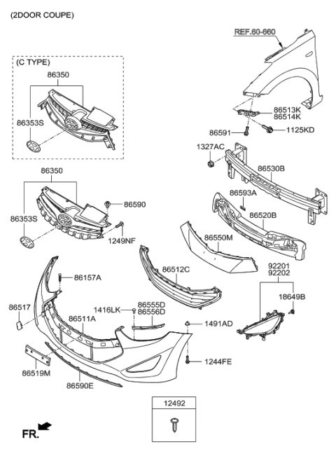 1994 Hyundai Accent Front Bumper Grille License Plate Moulding Diagram for 86519-3X511