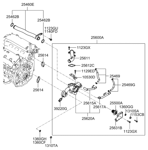 2009 Hyundai Santa Fe Old Body Style Coolant Pipe & Hose Diagram 1