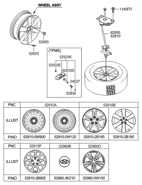 2009 Hyundai Sonata Temporary Wheel Assembly Diagram for 52910-0W910