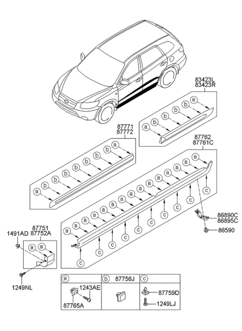 2009 Hyundai Santa Fe Old Body Style Body Side Moulding Diagram