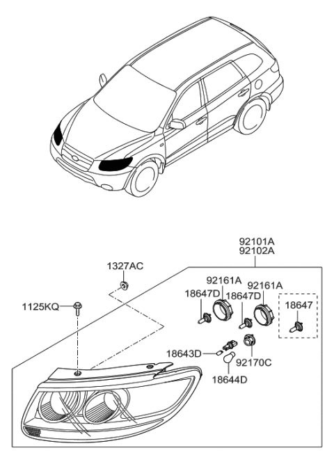 2008 Hyundai Santa Fe Driver Side Headlight Assembly Composite Diagram for 92101-0W060