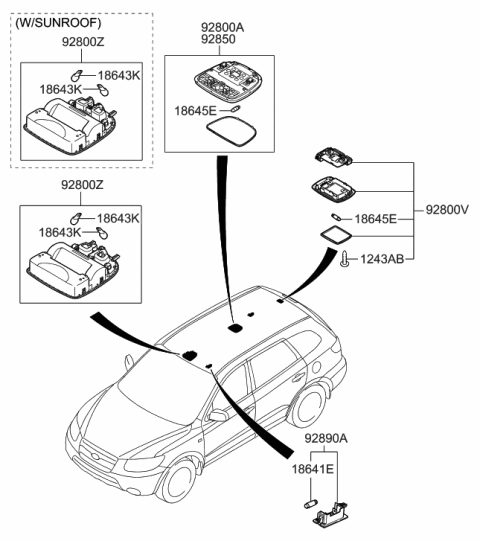 2007 Hyundai Santa Fe Overhead Console Lamp Assembly Diagram for 92800-2B500-J4