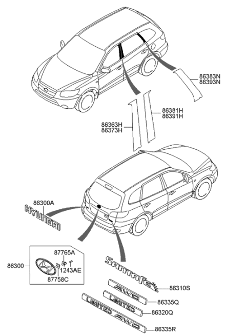 2009 Hyundai Santa Fe Old Body Style Emblem Diagram