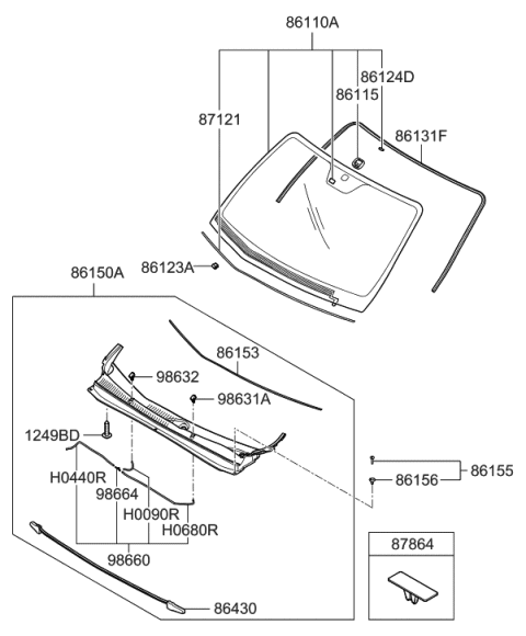 2009 Hyundai Santa Fe Windshield Glass Assembly Diagram for 86110-0W100