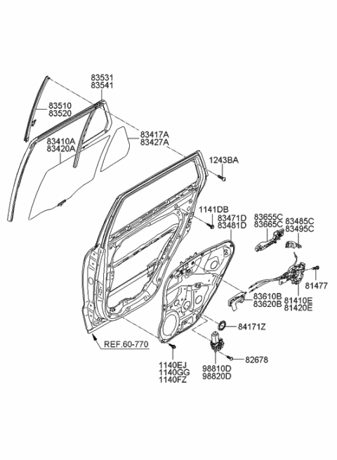 2020 Hyundai Veloster N Run Assembly-Rear Door Window Glass RH Diagram for 83541-0W000