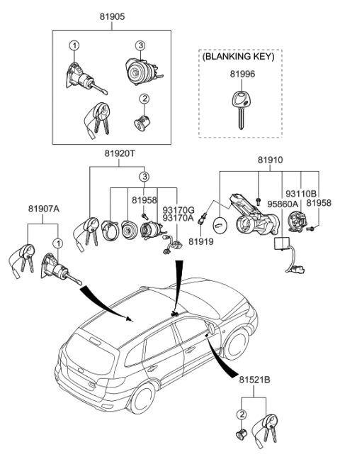 2009 Hyundai Sonata Lock Key & Cylinder Set Diagram for 81905-2B341