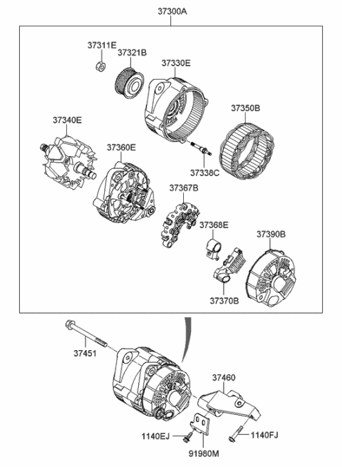 2009 Hyundai Santa Fe Frame Assembly-Generator,Front Diagram for 37330-3E100