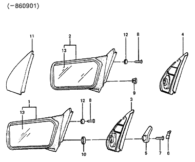 1986 Hyundai Excel Outside Rear View Mirror Diagram 1