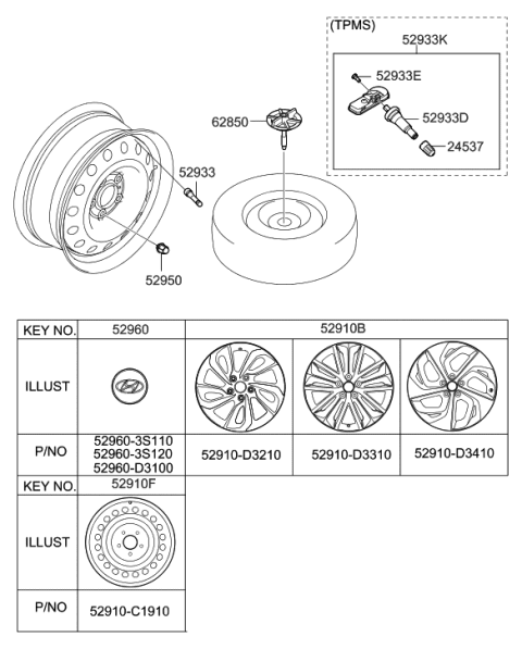 2020 Hyundai Sonata Hybrid 19 Inch Wheel Small Nicks Diagram for 52910-D3410