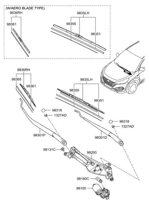 2016 Hyundai Tucson Wiper Blade Assembly,Driver Diagram for 98350-1R050