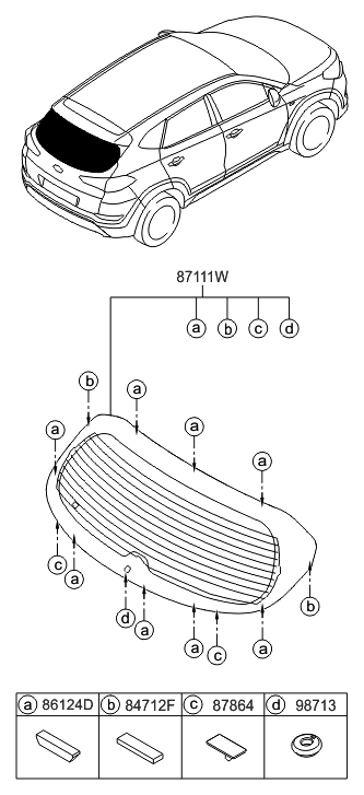 2016 Hyundai Tucson Rear Window Glass & Moulding Diagram